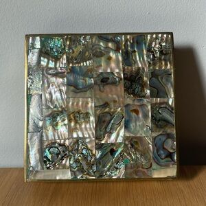 Vintage Mother of Pearl Abalone Shell Brass Trinket Box Rosewood Lining